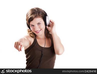 Beautiful girl listening to music, isolated on white