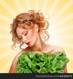 Beautiful girl on a diet hiding behind green leaves of lettuce on cartoon style background.