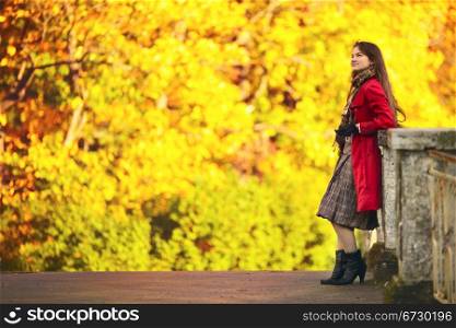 beautiful girl on old bridge at autumn