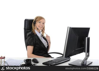 Beautiful girl operator at the computer. Isolated on white background