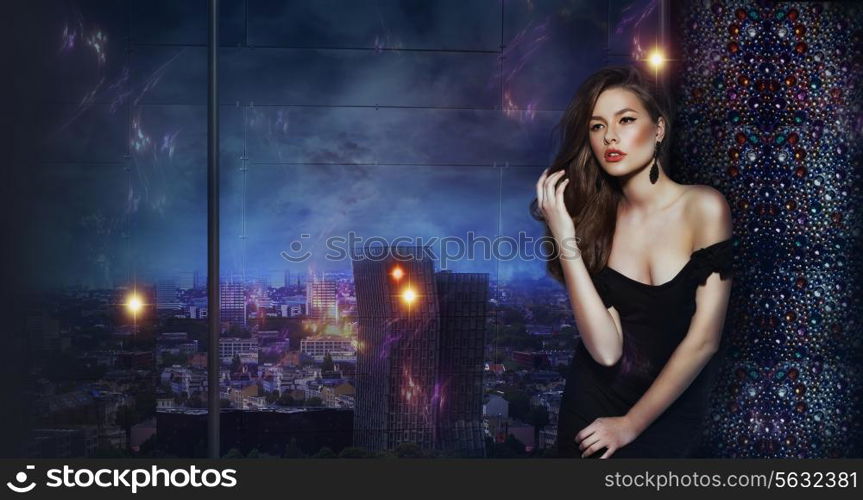 Beautiful Girl over Futuristic Urban Background of Night City