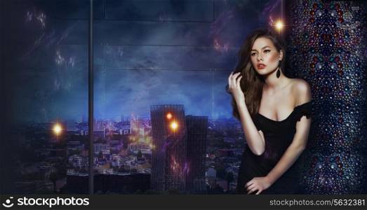 Beautiful Girl over Futuristic Urban Background of Night City
