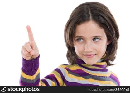 Beautiful girl pointing with focus in the finger and face out of focus isolated over white