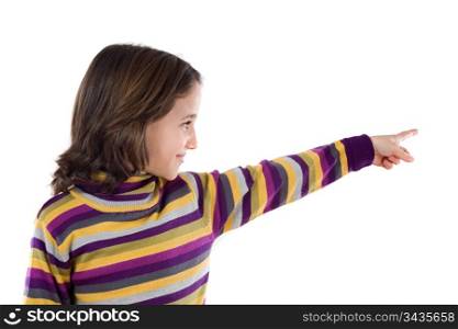 Beautiful girl pointing with her finger on a white background