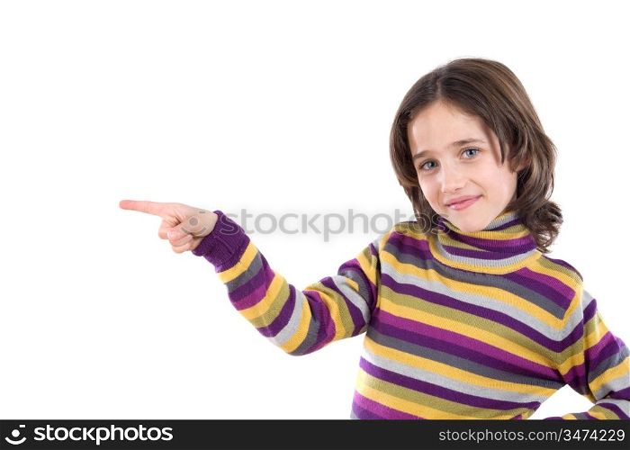 Beautiful girl pointing with her finger on a white background