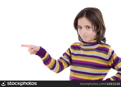 Beautiful girl pointing with her finger on a white background