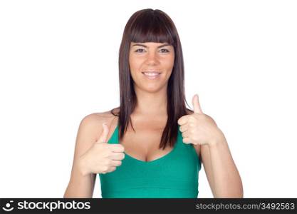 Beautiful girl saying Ok isolated on a over white background