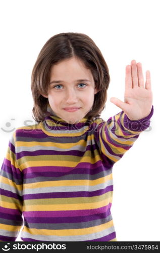 Beautiful girl saying stop with her hand on a white background