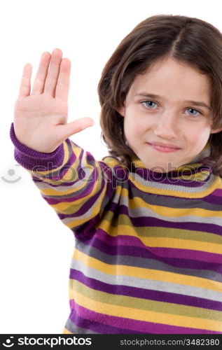 Beautiful girl saying stop with her hand on a white background