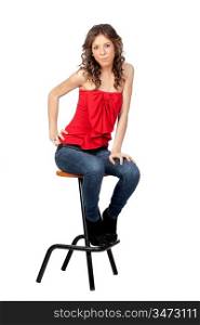 Beautiful girl sitting o a stool isolated on a over white background