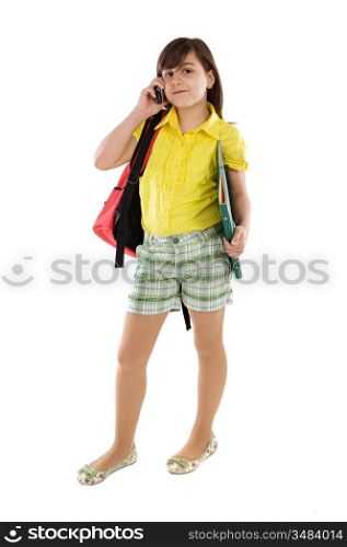 Beautiful girl student speaking by phone on a over white background