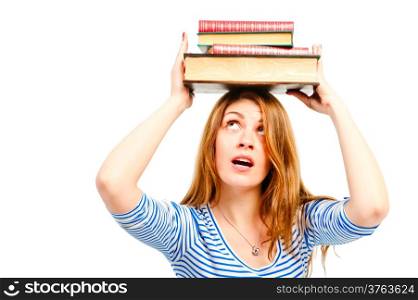 beautiful girl student with books on her head
