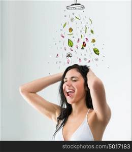 Beautiful girl taking fresh shower. Drawn shower, leaves and flowers falling on her from above. Real refreshment concept