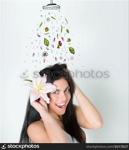 Beautiful girl taking fresh shower. Drawn shower, leaves and flowers falling on her from above. Real refreshment concept