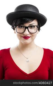 Beautiful girl wearing a hat and nerd glasses, isolated over white background