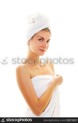 Beautiful girl wearing white towel on her head and body after shower