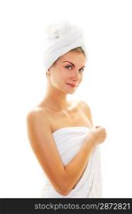 Beautiful girl wearing white towel on her head and body after shower