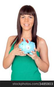 Beautiful girl with a blue piggy-bank on a over white background