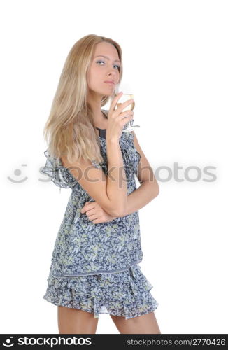 Beautiful girl with a champagne glass. Isolated on white background