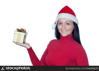 Beautiful girl with a Christmas present on a over white background