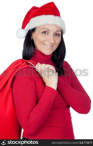Beautiful girl with a Christmas sack on a over white background