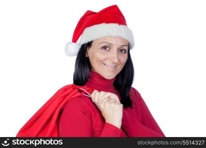 Beautiful girl with a Christmas sack on a over white background