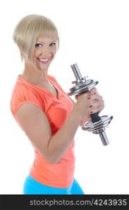 Beautiful girl with a dumbbell. Isolated on white background