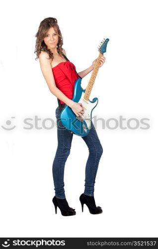 Beautiful girl with a electric guitar isolated on a over white background