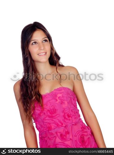 Beautiful girl with a elegant pink dress isolated on a white background