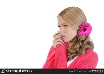 beautiful girl with a flower in her hair. Isolated on white background