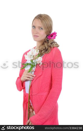beautiful girl with a lily in his hands. Isolated on white background