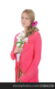 beautiful girl with a lily in his hands. Isolated on white background