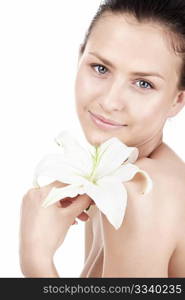 Beautiful girl with a lily on a white background