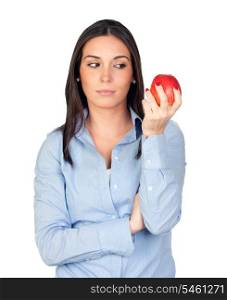 Beautiful girl with a red apple isolated on a over white background