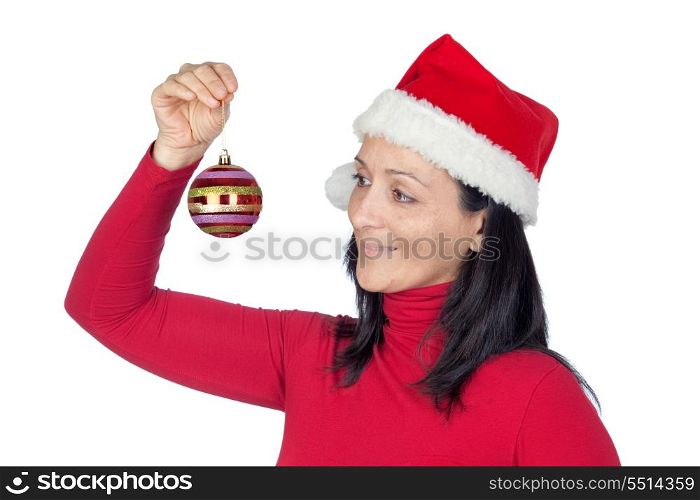 Beautiful girl with a red Christmas ball on a over white background