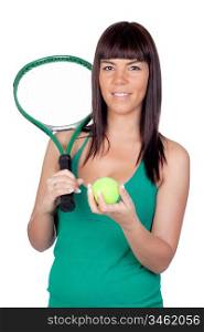 Beautiful girl with a tennis racket on a over white background