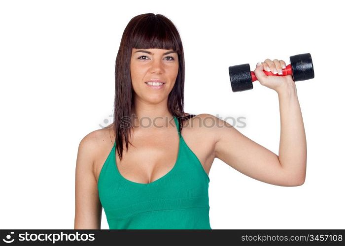 Beautiful girl with a weighttraining on a over white background
