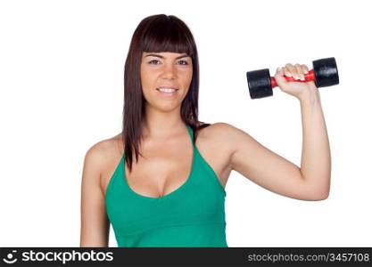 Beautiful girl with a weighttraining on a over white background