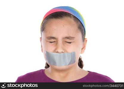 Beautiful girl with adhesive on her mouth and closed eyes isolated over white