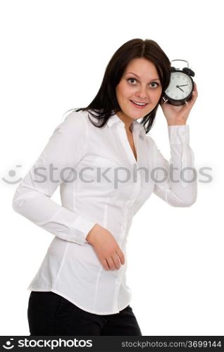 beautiful girl with alarm clock isolated on white