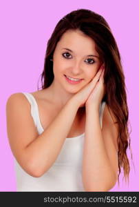 Beautiful girl with big eyes on a pink background