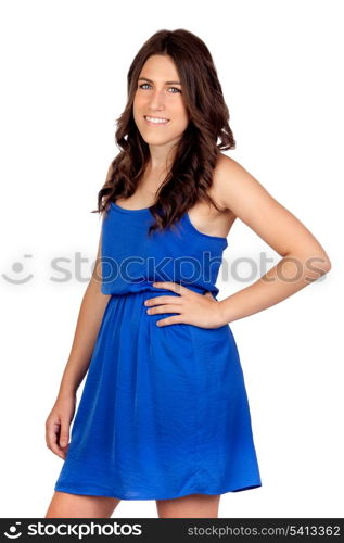 Beautiful girl with blue dress isolated on a over white backgound