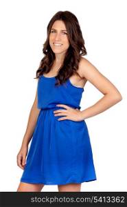 Beautiful girl with blue dress isolated on a over white backgound
