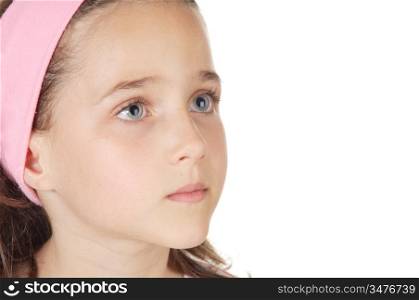 beautiful girl with blue eyes watching upwards a over white background