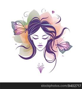 Beautiful girl with butterfly in her hair. Hand drawn vector illustration.