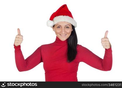 Beautiful girl with Christmas hat accepting on a over white background