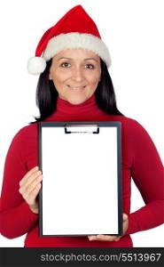 Beautiful girl with Christmas hat and a clipboard on a over white background