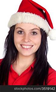 Beautiful girl with Christmas hat isolated on a over white background