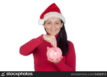 Beautiful girl with Christmas hat saving isolated over white