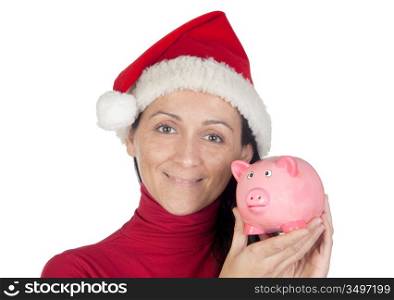 Beautiful girl with Christmas hat saving isolated over white